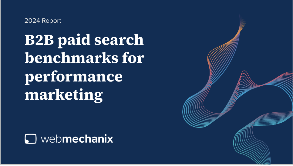 Blue background with a coulorful swirl image and text saying B2B paid search benchmarks for performance marketing